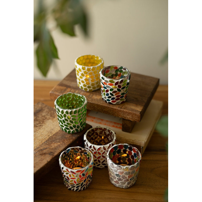 Kalaou Decorative Set of 6 Mosaic Glass Votive Holders Jewel-Like Glow 2.5" H