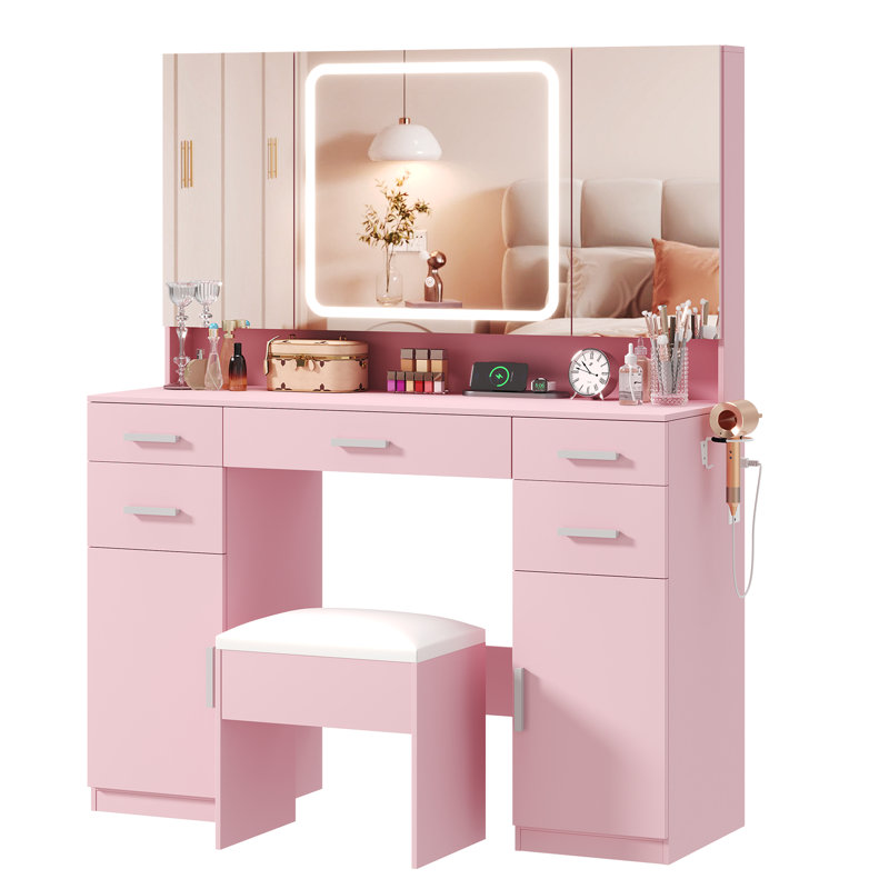 Ato Vanity Desk with Mirror and Lights, Vanity Tables with 7 Drawers, Makeup Vanity with Tri-Folding 3 Colors Lighting Mirror and Cushioned Stool, Big Vanities Perfect for Bedroom, White