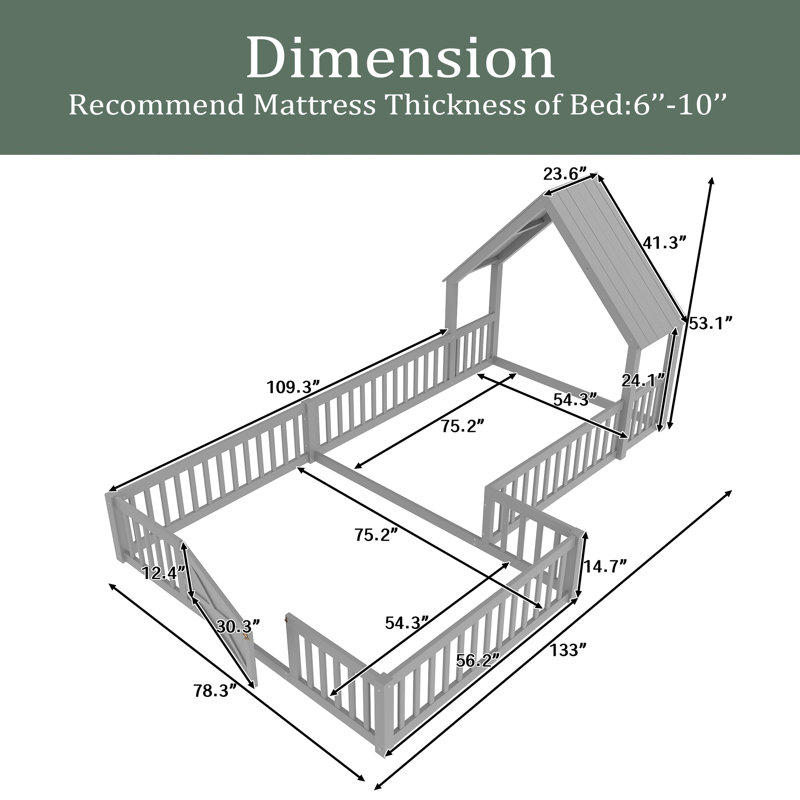 Lit maison, lit double avec porte et garde-corps pleine longueur, conception multifonctionnelle, gris, Double
