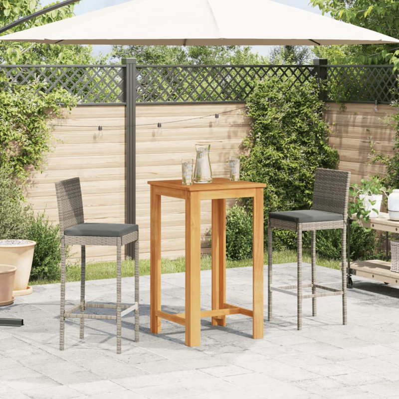 Wildon Home® 3 Piece Patio Bar Set Black Solid Wood Acacia And Poly Rattan, Gray