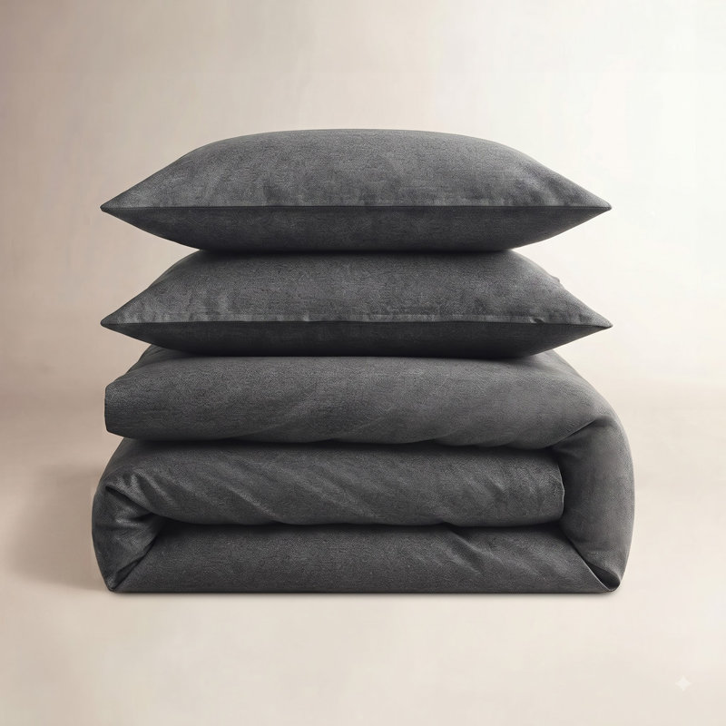 Ensemble d'édredon en mélange de coton, Édredon pour grand lit + 2 taies décoratives, Gris foncé