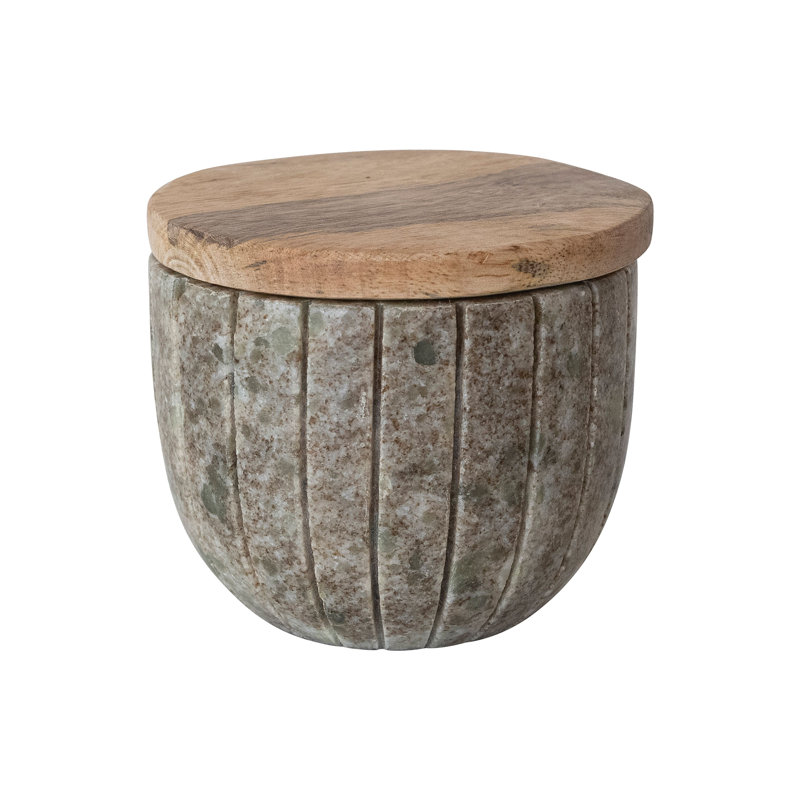 Carved Marble Container With Mango Wood Lid
