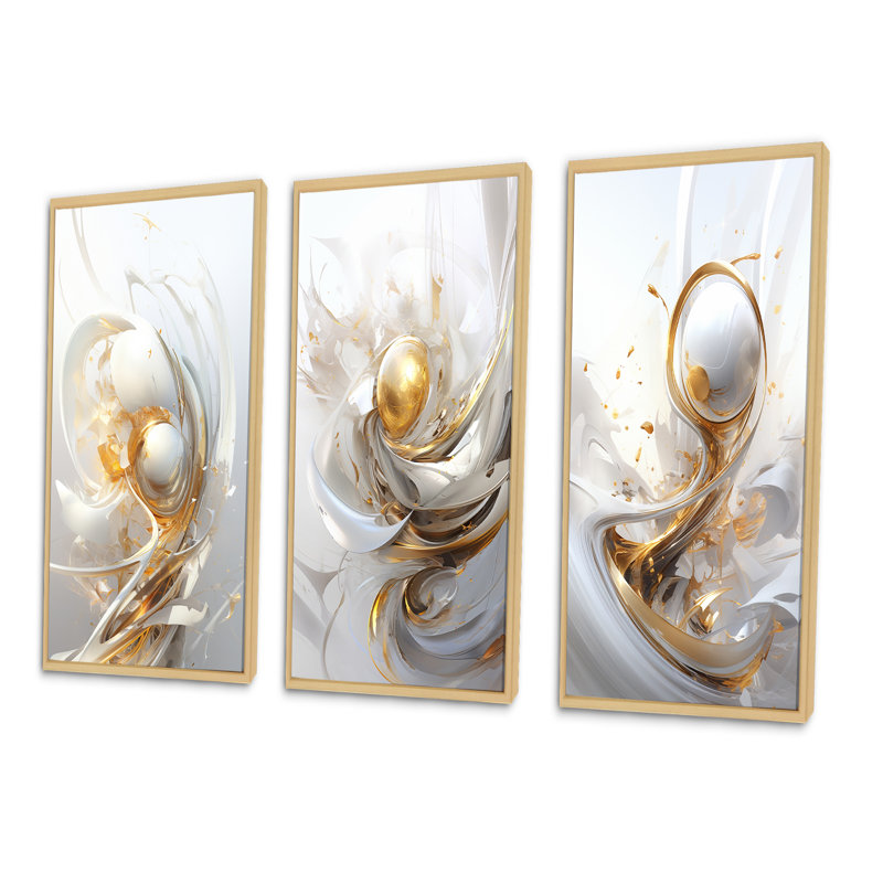 «Gold Sphere Fractal», 3 pièces sur toile, Cadre naturel flottant, H 32 po x l 48 po
