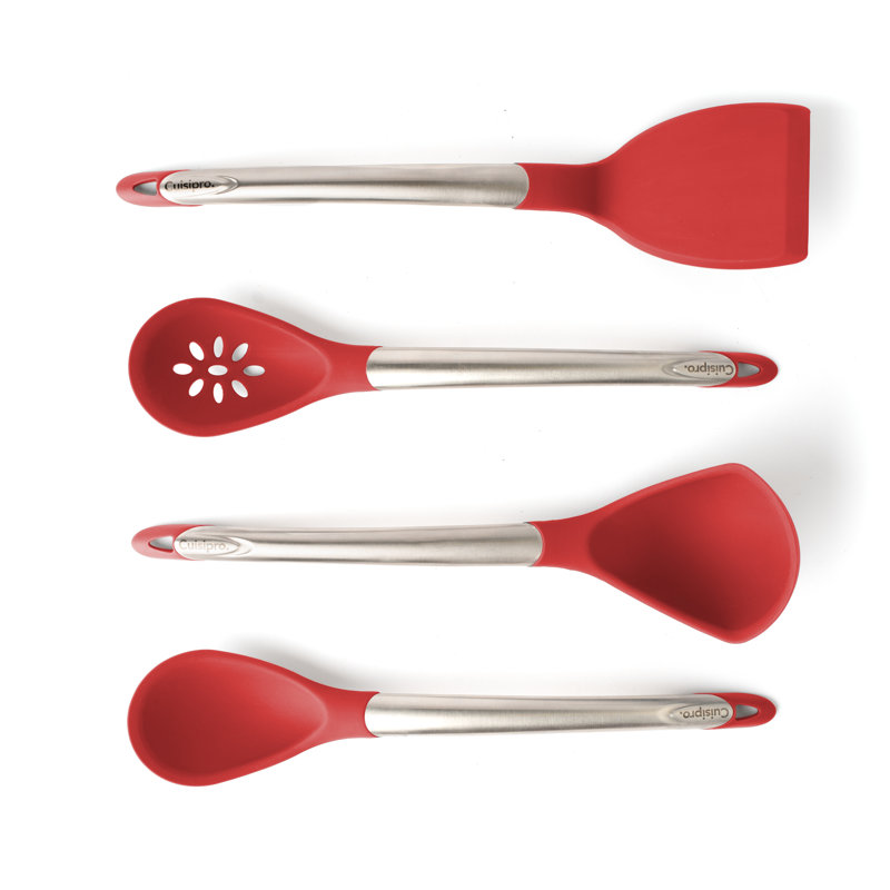 Cuisipro 4 Piece Utensil Set, Black, Heat and Stain Resistant, Spoon, Ladle, Slotted Spoon and Turner, Red