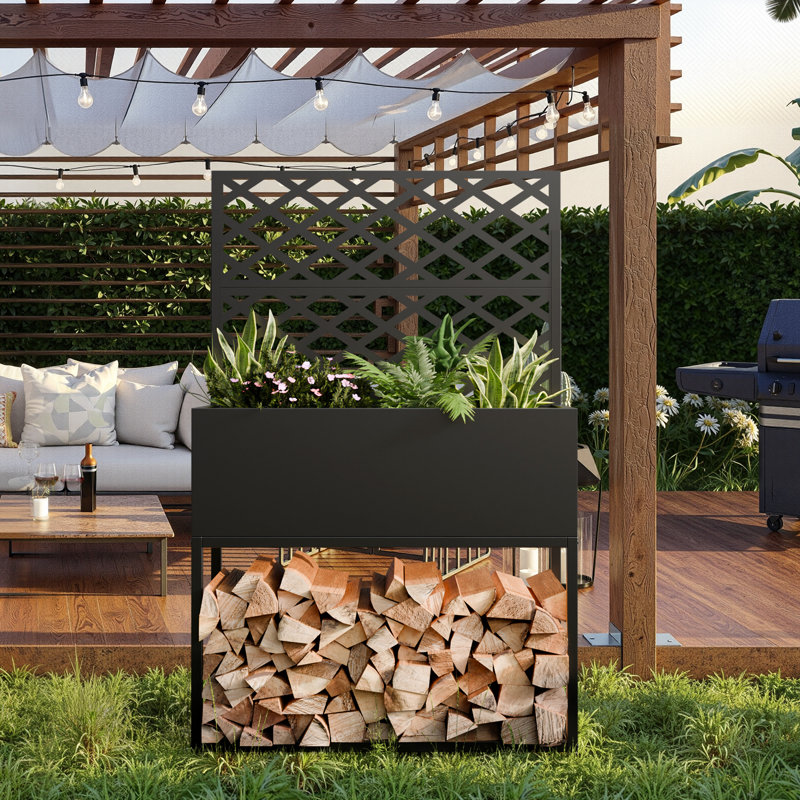 35.43" Wide Galvanized Steel Planter With Trellis & Wood Storage, Mobile Outdoor Privacy Screen With Deep 11.81" Planter Box & Drainage Holes