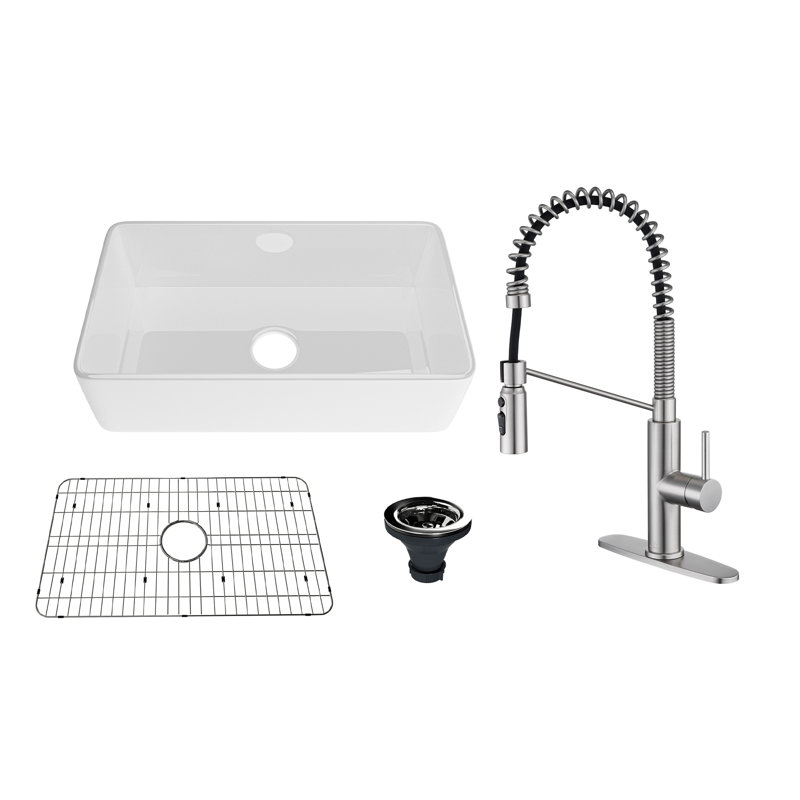 CASAINC Single Bowl White Fireclay Farmhouse Kitchen Sink With Faucet Included, Brushed Nickel