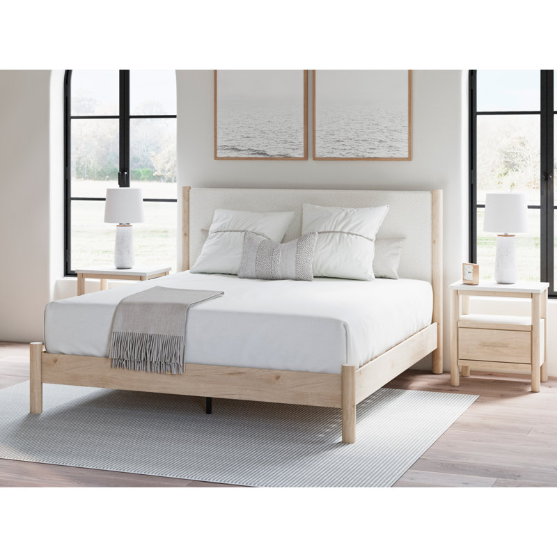 Très grand lit à panneau tapissier Ciaran, Beige / Blanc, Très grand lit