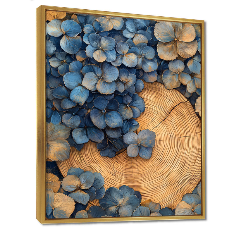 Aquarelle de fleurs d'hortensia sur glissoire en bois I - hydrangées, art sur toile, Reproduction avec cadre flottant, Doré