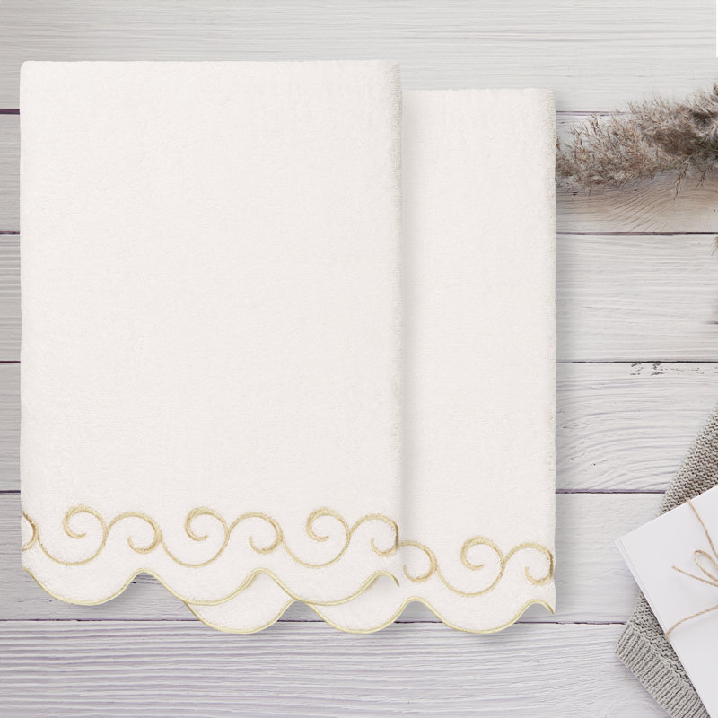  100% Turkish Cotton SIMPLICITY Scallop 2PC Embellished Bath Towel Set, White/Beige, Bath Towel - 2 Pack