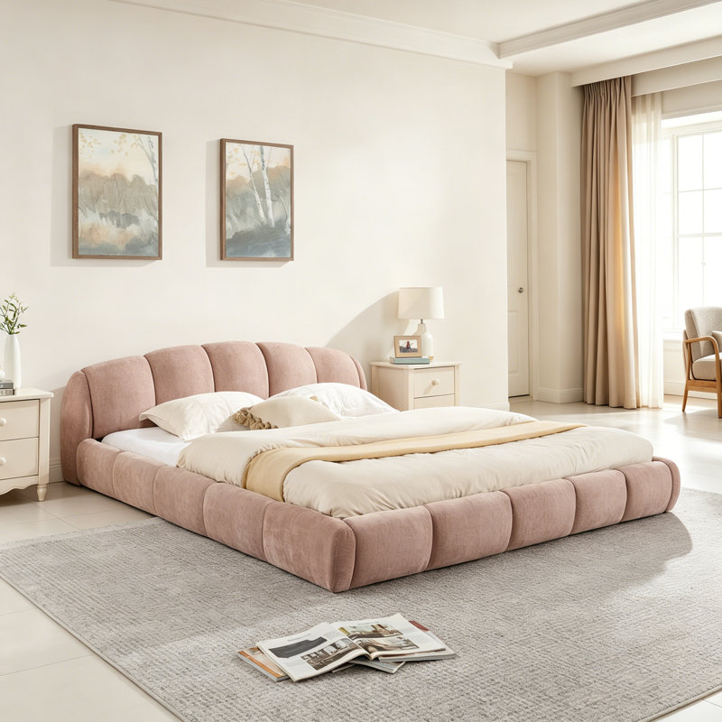 Structure de lit tapissier grand format en chenille élégante, tête de lit épaisse courbée et pied de lit enveloppé, lit de plancher à profil bas, aucun sommier requis, assemblage facile, rose (68 po x 92,7 po x 26,8 po)