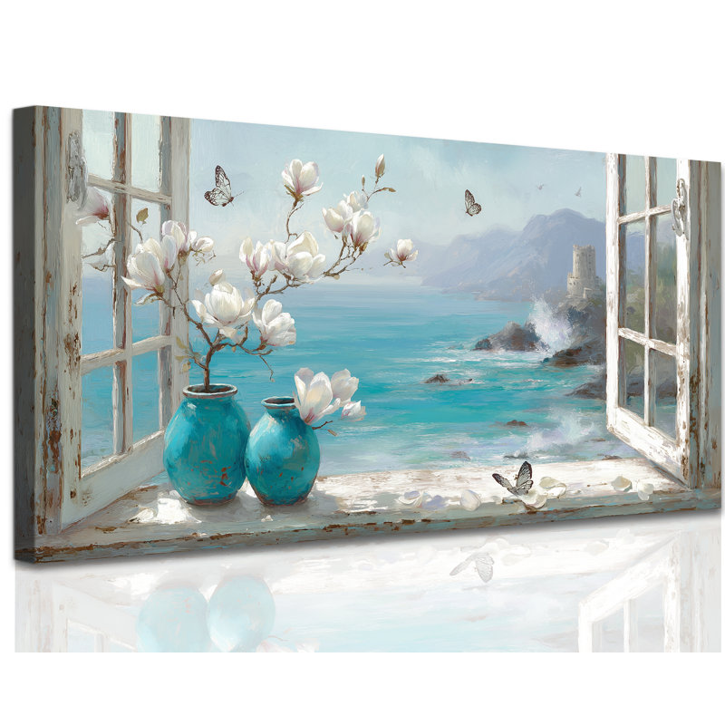  Illustration de toile côtière fleur et papillon, photos de plage pittoresques bleues pour décor de salle de bain ou de chambre à coucher de ferme rustique, 30 x 60 pouces