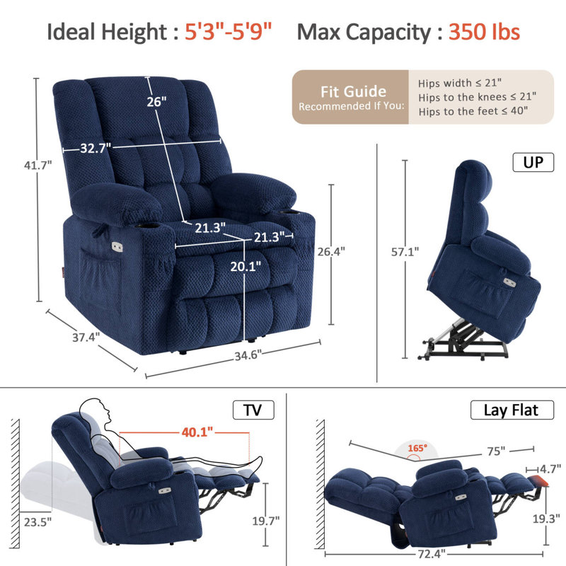 Dual Motor Power Recliner Lift Chair with Massage and Heat, Infinite Position, Navy
