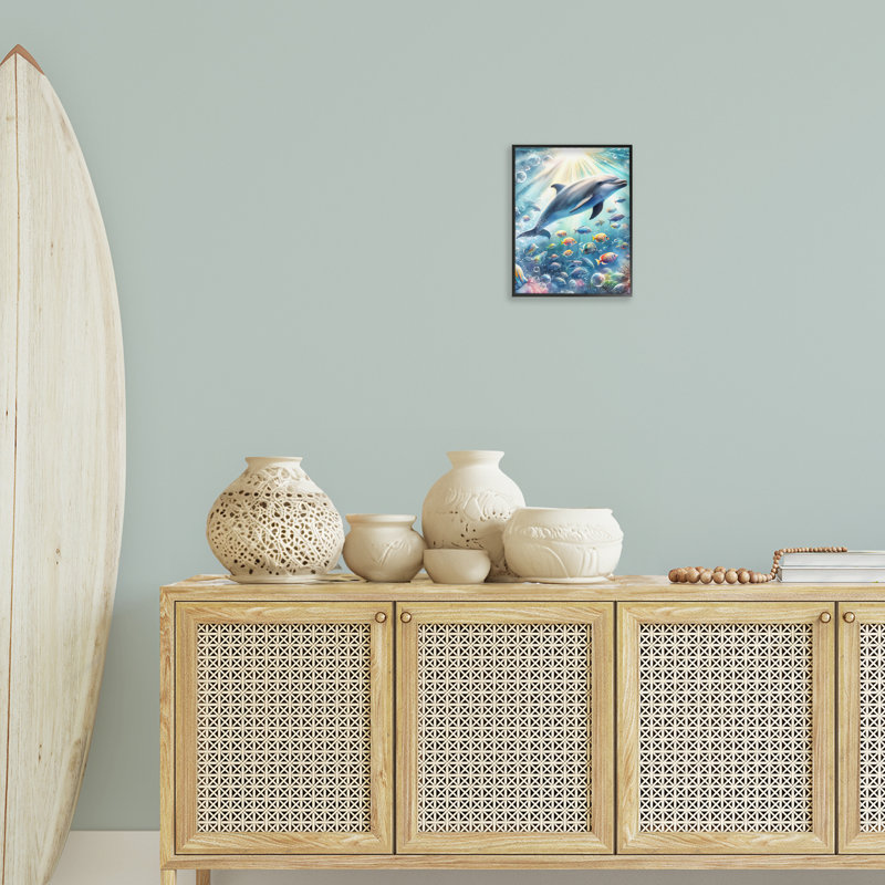  Dauphin parmi la vie marine, estampe numérique par LSR Design Studio, H 14 po x l 11 po, Giclée encadrée noir minuit