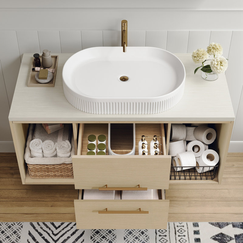 Meuble-lavabo mural avec lavabo, 2 tiroirs et tablette ouverte, Naturel
