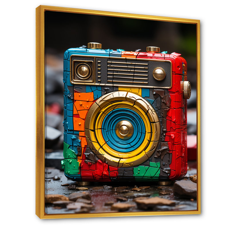 «Yellow and Red Classic Jukebox Beats» - Art mural Jukebox, H 20 po x l 12 po x P 1 po, Cadre flottant doré