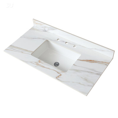 43 Inch Marble Vanity Top With Undermount Rectangular Sink And 4 Inch Backsplash, Carrara White With Elegant Veins