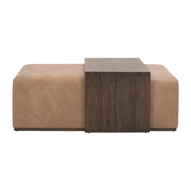 Burnished Brown Acacia Rectangular Coffee Table with Tan Vegan Leather Ottoman