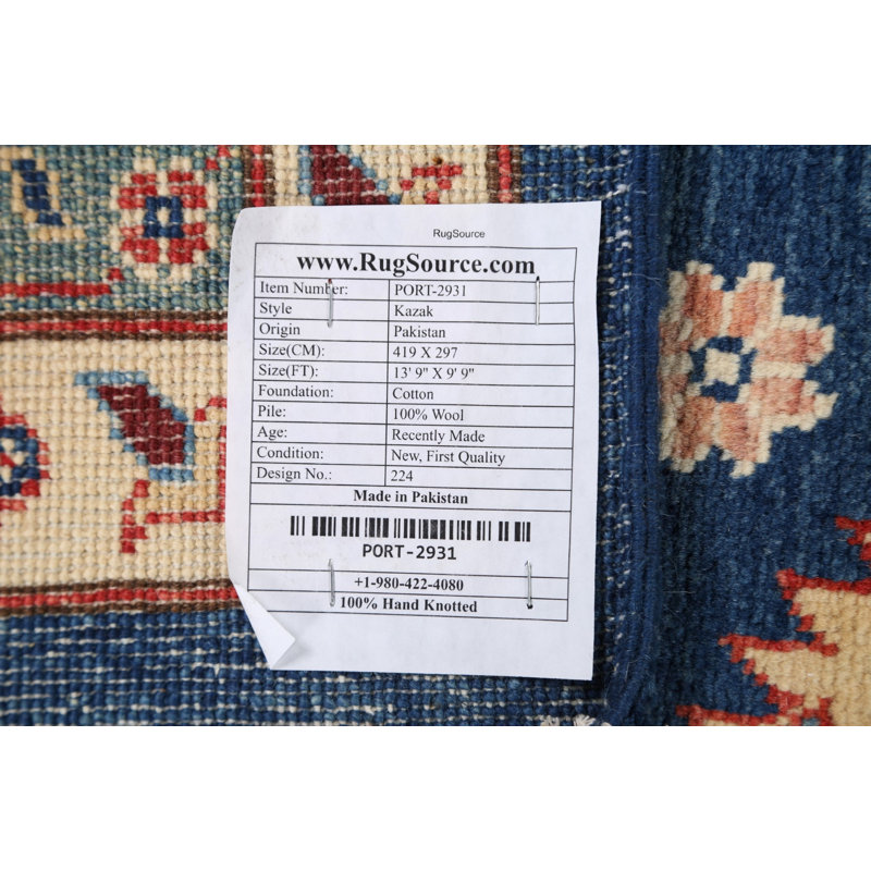 Tapis bleu / rouge en laine noué à la main de conception unique 9 pi 9 po x 13 pi 9 po New Age