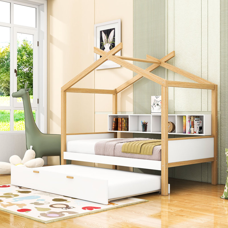 Wooden House-Shaped Bed With Pull-Out Twin Trundle And Built-In Shelves, Twin
