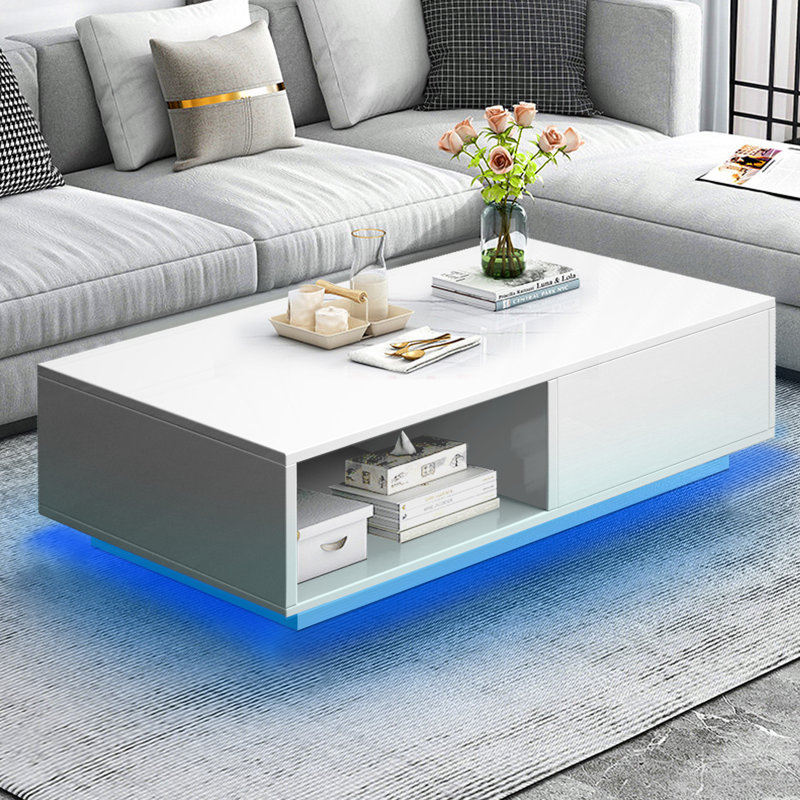 Nelliston LED Coffee Table with Drawer, White, 12.2"H x 33.46"L x 21.56"W