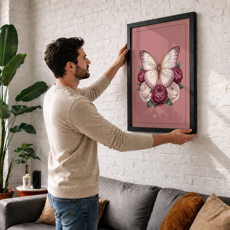 Butterfly Above Roses Botanical - Framed Print, A2 - 59.4 x 42.0 cm, Walnut