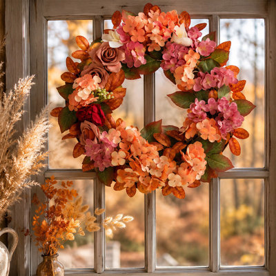 Couronne d'automne artificielle avec hortensias et roses, décoration florale pour porte d'entrée, couronne de l'Action de grâce, porche, mur, décoration intérieure