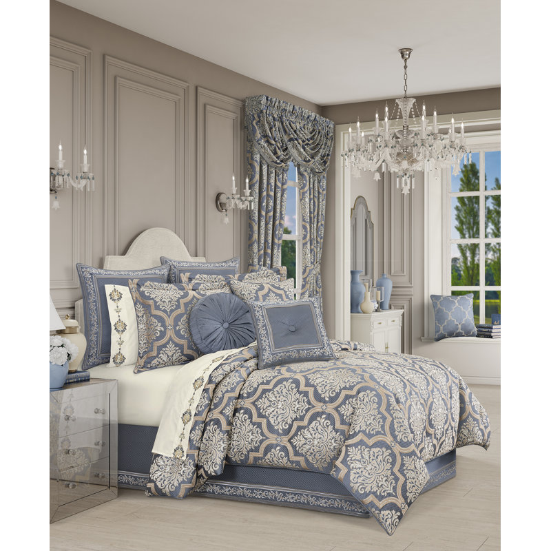 Powder Blue and Gold Jacquard Waterfall Valance with Crystal Tassels
