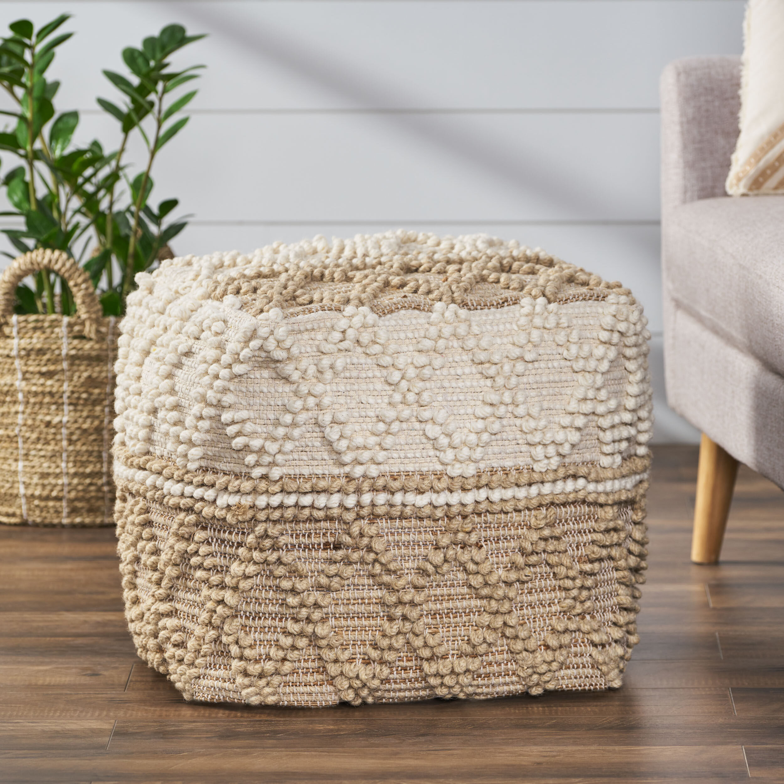 Boho Pouf Cover, Jute Pouf, Bohemian Pouf Ottoman for Living Room, Pouf for  Kids Room or Playroom, Textured Neutral Pouf Unstuffed No Filler 