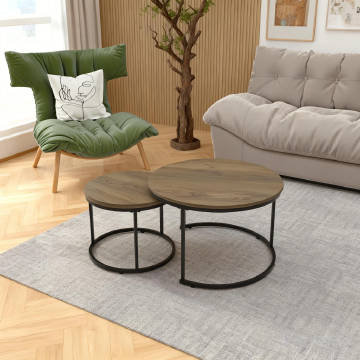 Coffee Table, Nesting Set of 2, 27.6-inch Round, Industrial Wood Finish with Sturdy Metal Frame, End Table/Side Tables for Living Room, Bedroom, Balcony, Yard (Brown)