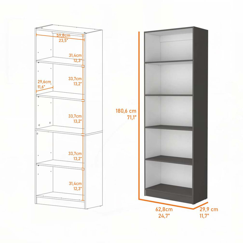 Bibliothèque à 5 tablettes gris mat et blanc, (5 tablettes) H 71,1 po x l 24,7 po x P 11,7 po
