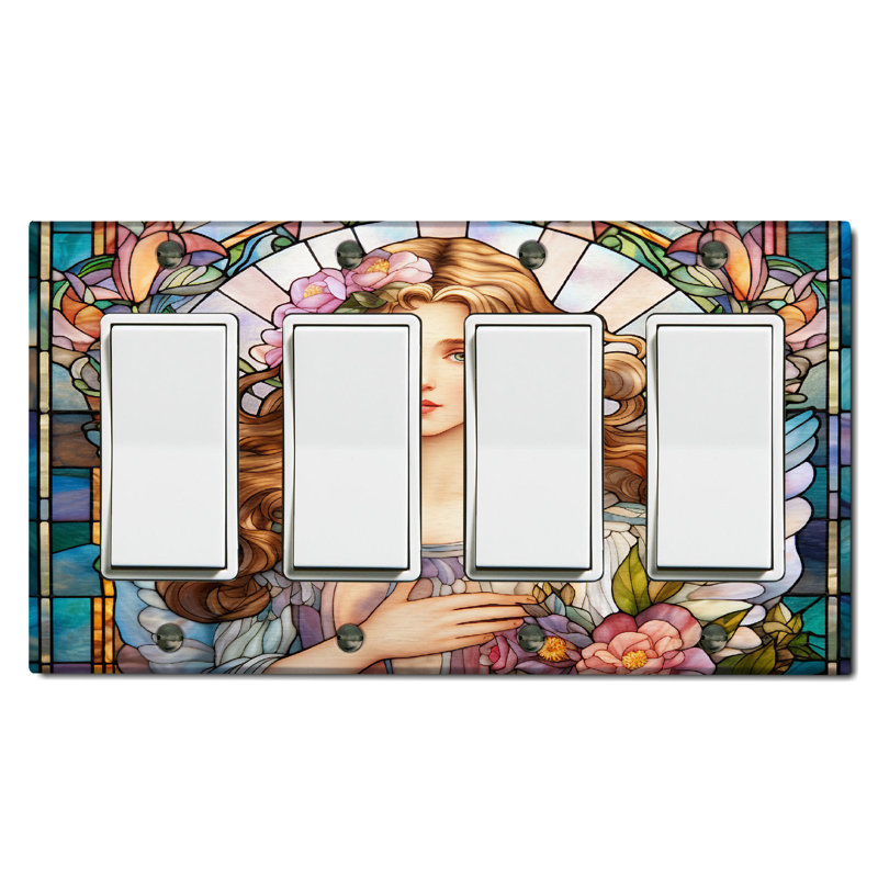 Metal Light Switch Plate Outlet Cover (Christmas Beautiful Angel Pastel - Quadruple Rocker)