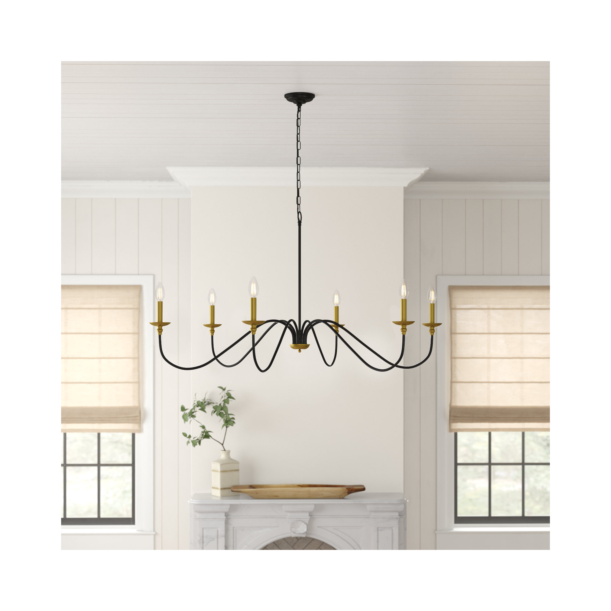 Ableton 6 - Light Candle Style Classic / Traditional Chandelier, Black/Brass, 25" H x 48" W x 48" D
