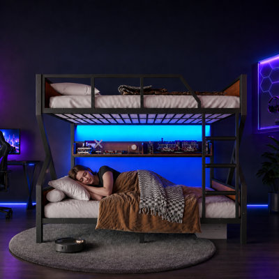Full Over Full Bunk Bed With Storage Shelves, Metal Bunk Beds With Ladders And Lights, Heavy-duty Bunkbed For Bedrooms, Guest Rooms And Dorms, No Box Spring Needed And Noise-free Design,black