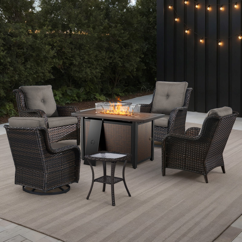 Wendye 7-Piece Outdoor Set With Fire Pit Table, Swivel Chairs & Side Tables For Patio, Gray