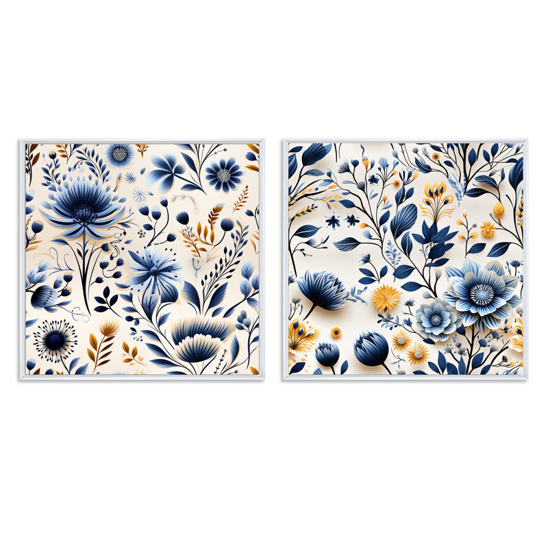 Hardman - Ensemble de 2 collages carrés botaniques abstraits, Cadre flottant blanc, H 16 po x l 33 po