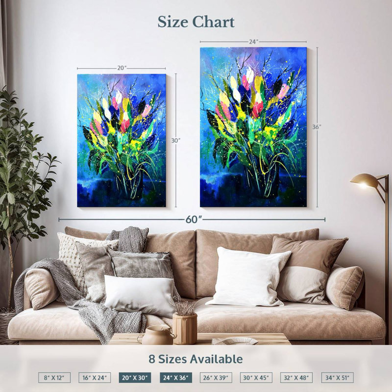Avery tulipes sur fond bleu, H 36 po x l 24 po