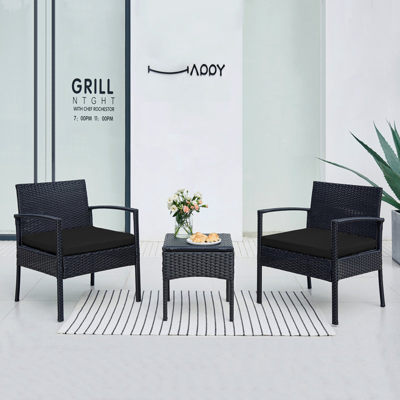 Ivancea 2 - Person Wicker Patio Dining Set with Square Table , Cushions Included, Black