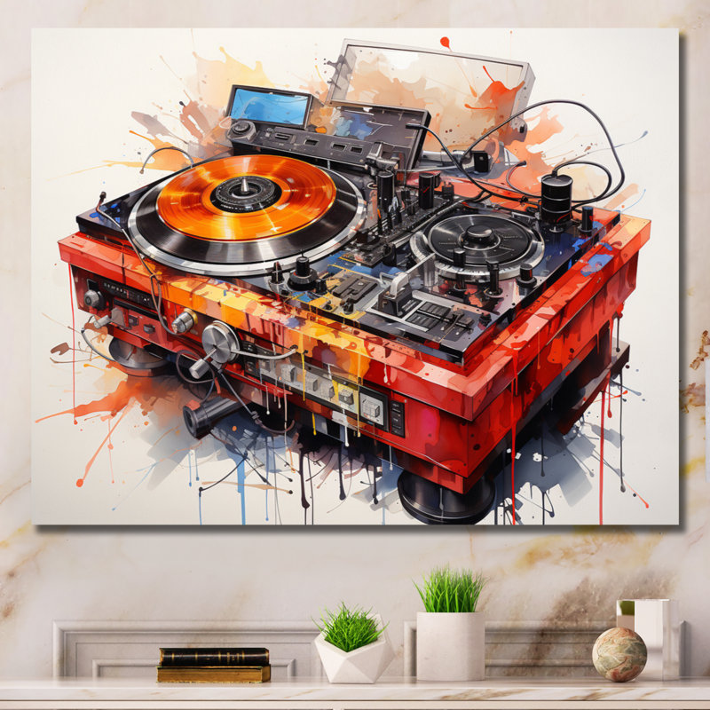 Abstrait, platines tournantes musicales, "Boom Boxes II" sur toile, H 16 po x l 32 po x P 1 po, Toile tendue