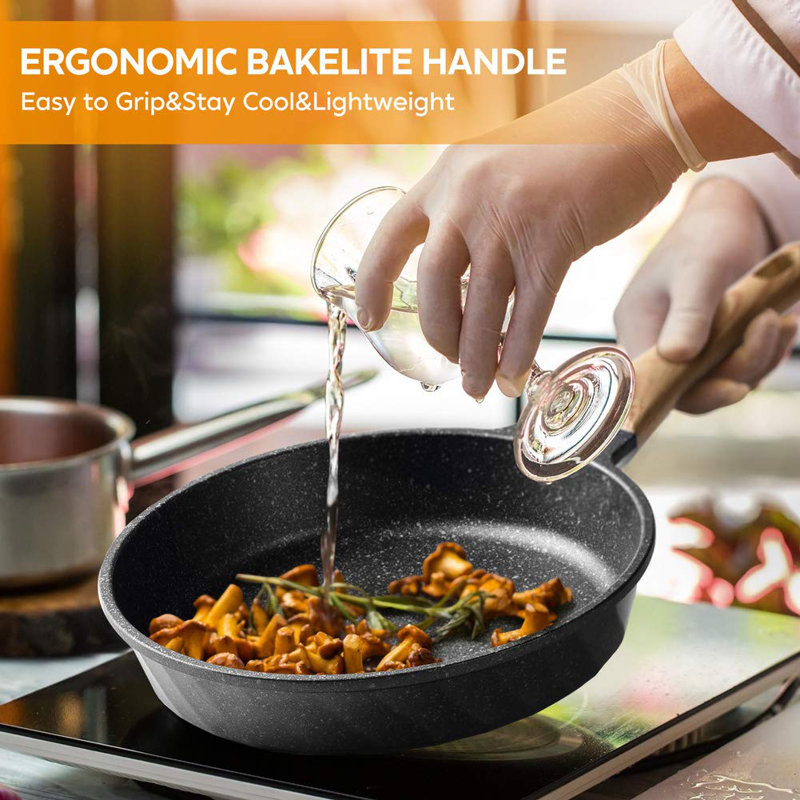 Granite Nonstick Induction Frying Pan Set with Wooden Handles