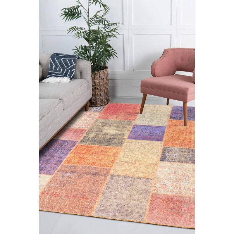 Orange Purple Patchwork Vintage Look Woven Base Decorative Carpet, Rectangle 7'7" x 10'10"