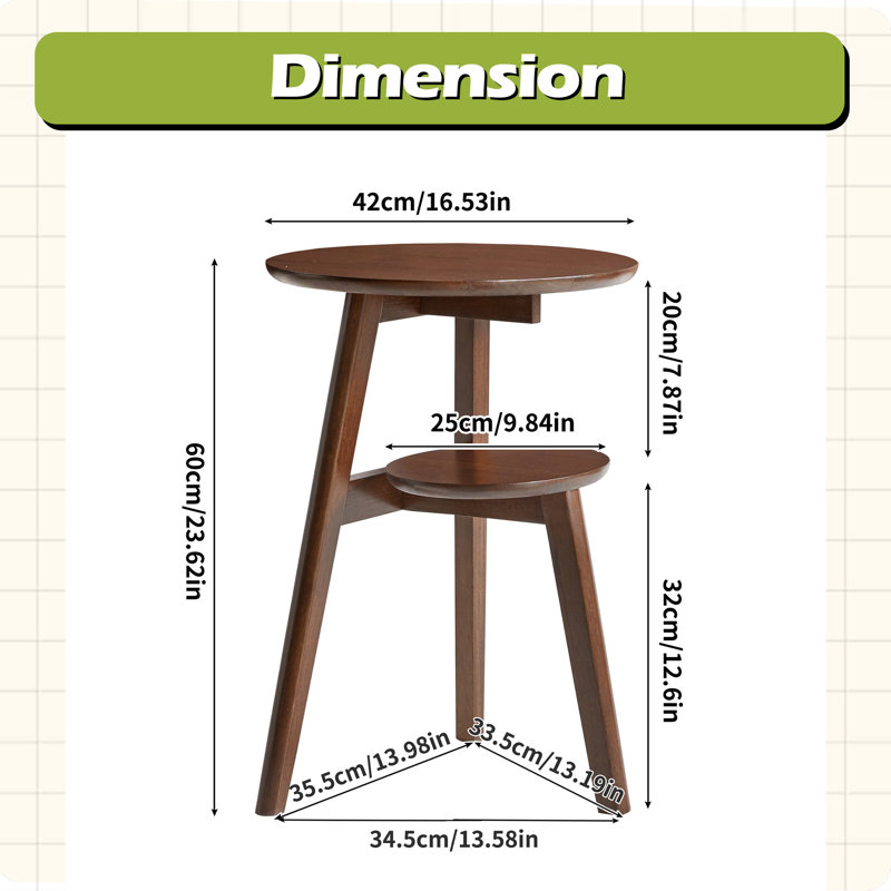 Table d'appoint 100% bois massif à 2 niveaux Table d'appoint de salon, table de chevet, table de bout ronde en bois massif, petite table d'appoint à 2 niveaux avec tablette de rangement inférieure