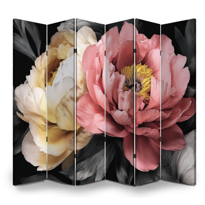 Cloison pliante 6 panneaux paravent fleur de pivoine royale pétales jaunes étamine grise feuilles grises séparateur de pièce cloison de protection autoportante