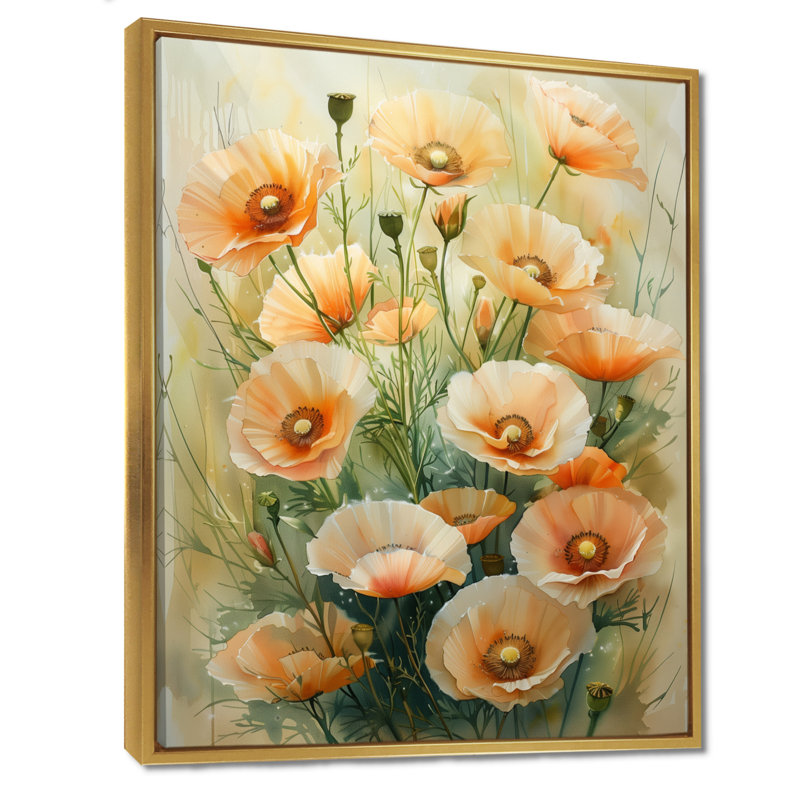 «Yellow Poppies Whispers Of Love III», impression d'art mural coquelicots, Cadre flottant doré, H 20 po x l 12 po x P 1 po