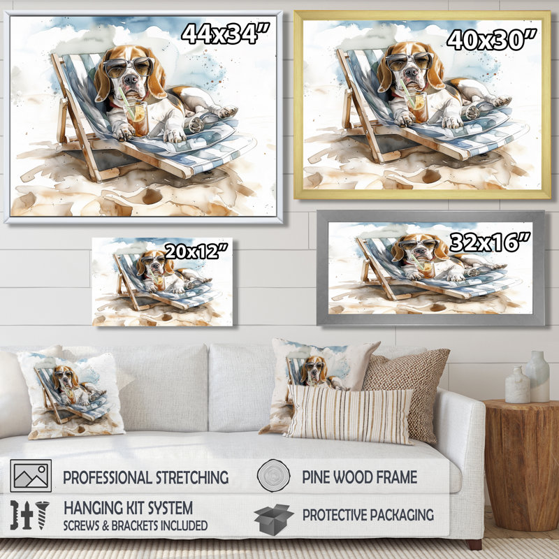 Beagle avec lunettes de soleil sur une chaise de plage, Toile tendue, H 16 po x l 32 po x P 1 po