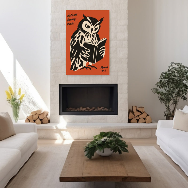 Hibou sage lisant un livre, affiche rétro vintage d'oiseau hibou dans la forêt, H 48 po x l 32 po