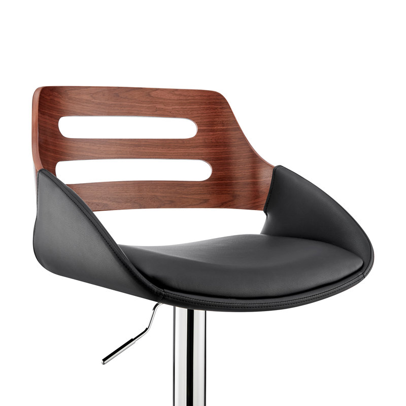 Swivel Adjustable Height Bar Stool with Pedestal Metal Base in Faux Leather and Wood, Chrome/Walnut, Black