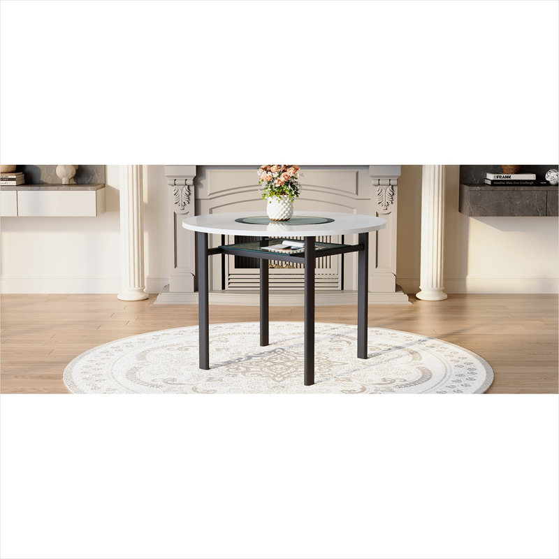 Table de salle à manger ronde de 42 pouces, verre et métal avec tablette inférieure, 4 à 6 places, plateau blanc et base noire élégante