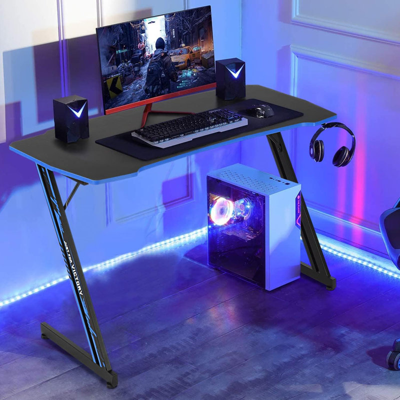 Dkelincs Red Gaming Desk Z-Shaped Game Desk Table, Blue, 29.5" H x 47.28" W x 23.6" D, Black/Blue