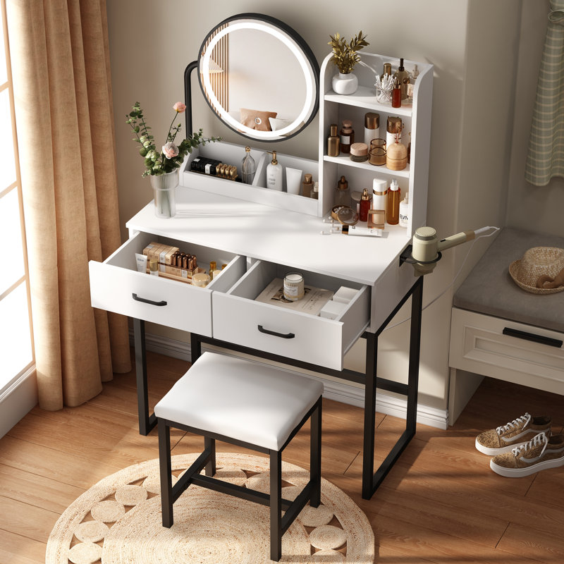 Borach 31.5" W Makeup Vanity with Lighted Mirror and Seat, White/Black