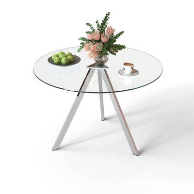 Bernadette Round Glass Top Dining Table, Pedestal Dining Table for 4, Modern Glass Dining Table, Leisure Coffee Table, Kitchen Circle Dinner Table, Sa by Mercer41